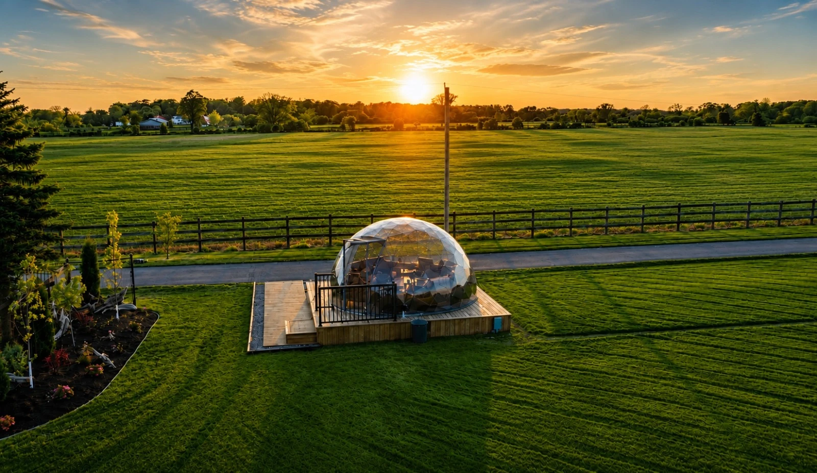 Sunset over the estate fields with a dome silhouette