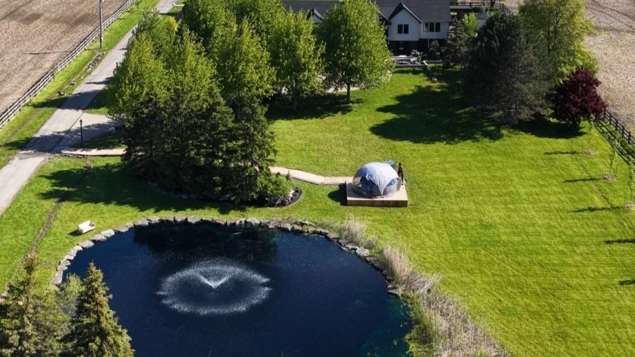 Aerial view of the dome beside the pond fountain